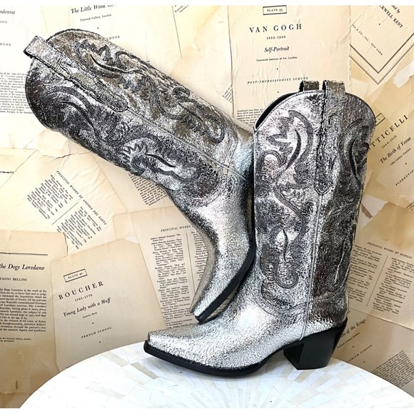 Free People Jeffrey Campbell Dagget Western Boot Silver Crackle Leather - Picture 3 of 10